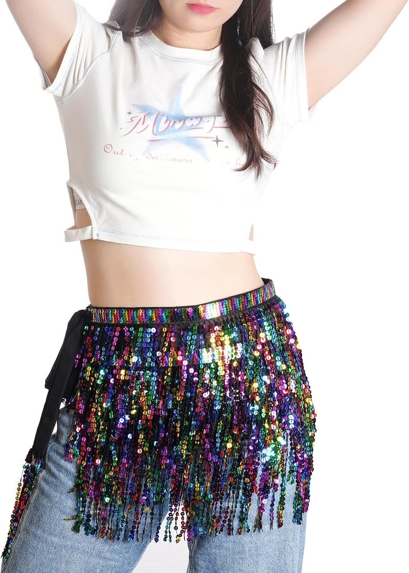SUMERSHA Belly Dance Hip Scarf Sequin Tassel Skirt Wrap Sparkly Rave Costume for Women - Image 5